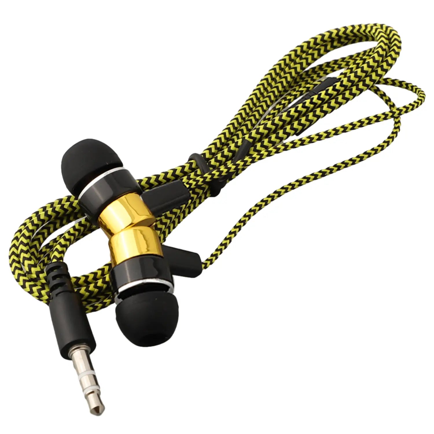 Schwarze und goldene Bass-Stereo-Kopfhörer für den In-Ear-Bereich mit Lautstärkeregelung und einem geflochtenen gelb-schwarzen Kabel mit 3,5-mm-Klinkenstecker.