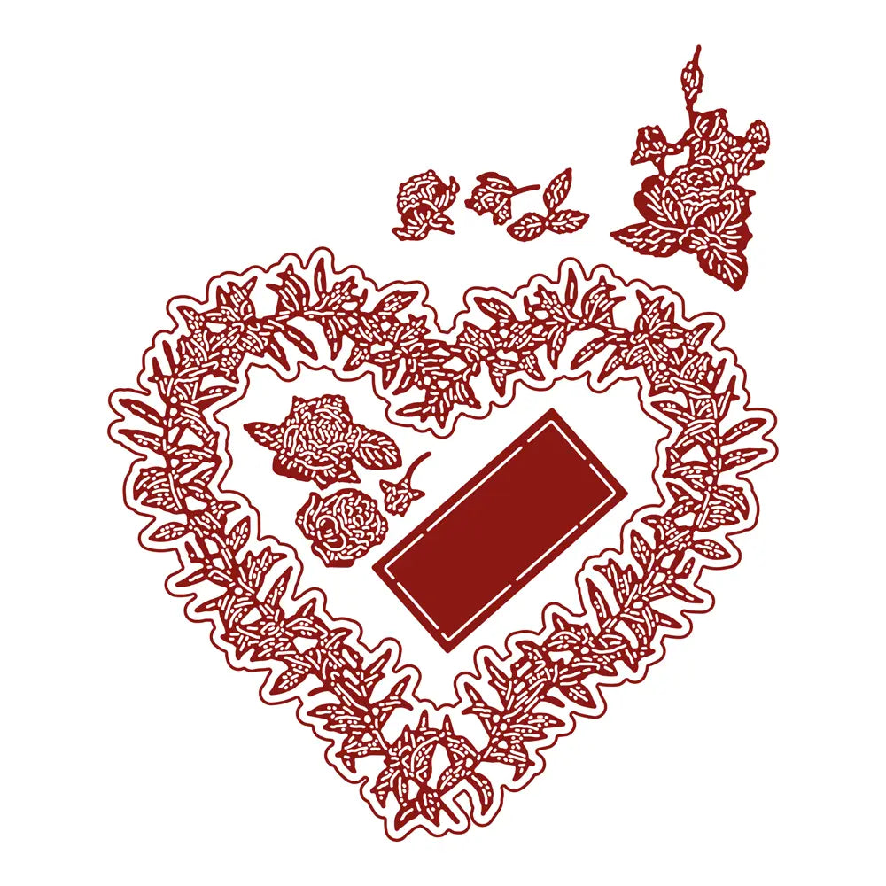 Valentine metal cutting die featuring a red heart shape with intricate floral and leaf patterns surrounding a central rectangular slot for diy cards.