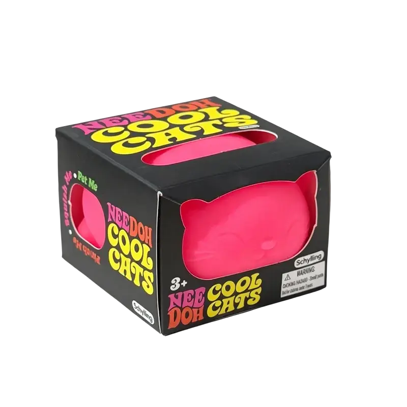 Pink fuchsia silicone cat-shaped stress reliever in black box with colorful needle cool cats branding for anxiety relief