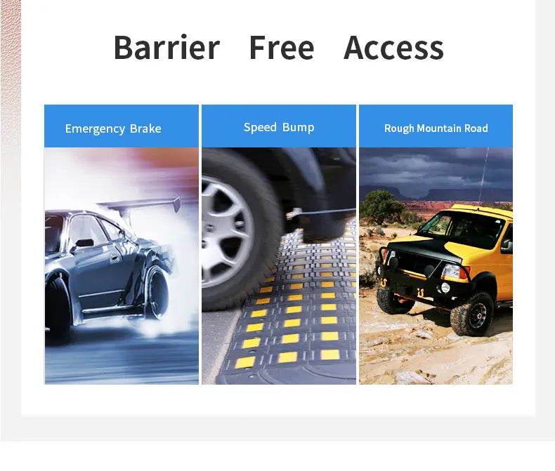black and yellow textured road barrier mat designed for emergency braking speed bump navigation or rough mountain terrain traversal displayed alongside car headrest laptop tray and food holder