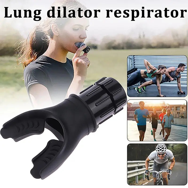 Black plastic lung dilator respirator with textured grip and ridged handle for lung capacity training and respiratory fitness.