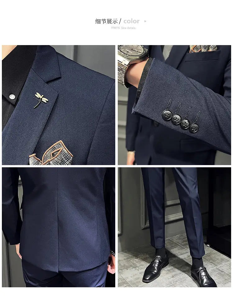 Ensemble de costume slim fit pour homme en laine texturée bleu marine, avec un léger éclat, et 9 pantalons courts à la cheville, doté d’une fermeture par boutons.