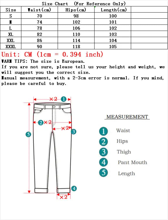 Größentabelle für schwarze Denim-Jeans mit weitem Bein (Wide-Leg) für Herren mit europäischen Maßen in Zentimetern für Bund, Hüfte und Längenmaße