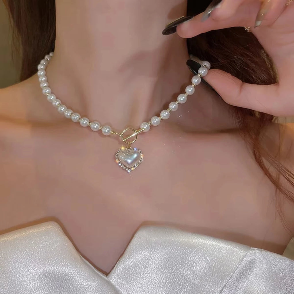 Elegant Pearl Necklace For Women Heart Pendant Necklaces Luxury Imitation Pearls Chain Necklaces Korean Jewelry Girls Gifts