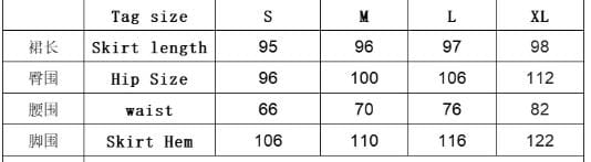 The image shows a size chart table with measurements in centimeters for the black high waisted slit maxi skirt, including tag sizes small to extra large and corresponding skirt length, hip size, waist, and skirt hem dimensions.