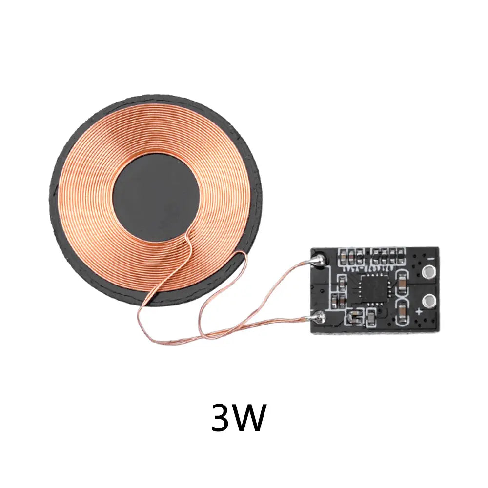 módulo receptor de carga inalámbrica de 5 V con tarjeta PCBA provista de una bobina de carga inalámbrica de color cobre y placa de circuito verde, diseñado para una entrada de voltaje y una corriente de salida eficientes, con distancia de detección optimizada