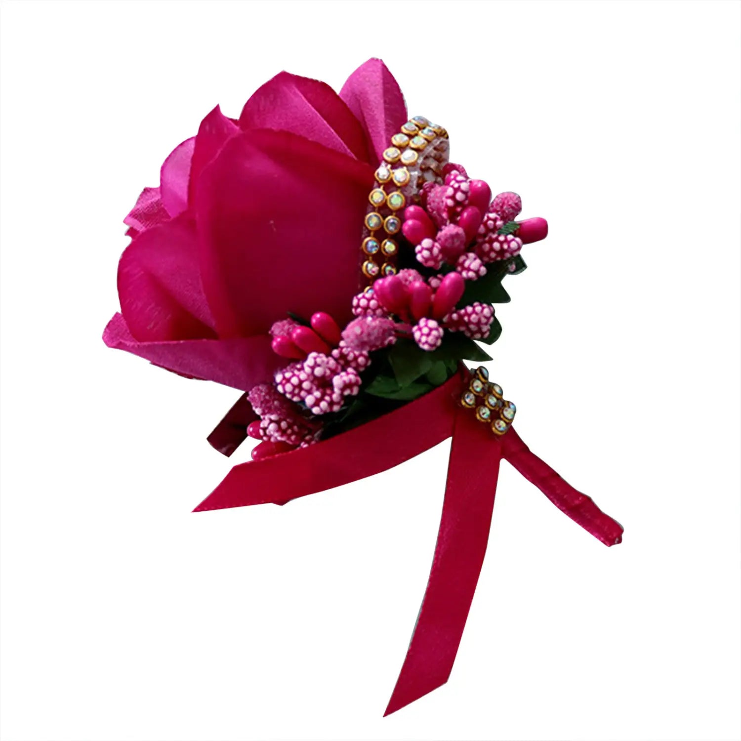 Blue wedding boutonniere artificial silk rose corsage featuring a vibrant fuchsia rose with pink and white faux berries gold-toned beaded accents and a matching red satin ribbon.