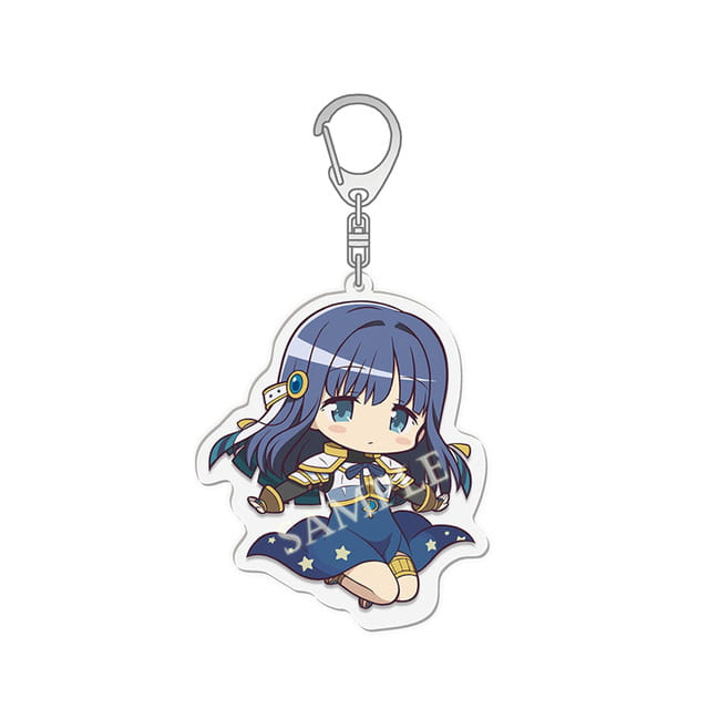 blue-haired chibi anime character acrylic keychain from madoka magica set featuring star-patterned dress and gold accents