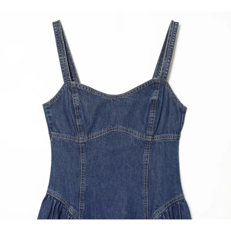 Women Denim Slip Dress with Flared Hem Fashion Casual Backless Sleeveless A-line Dress Female Vacation Style Dresses