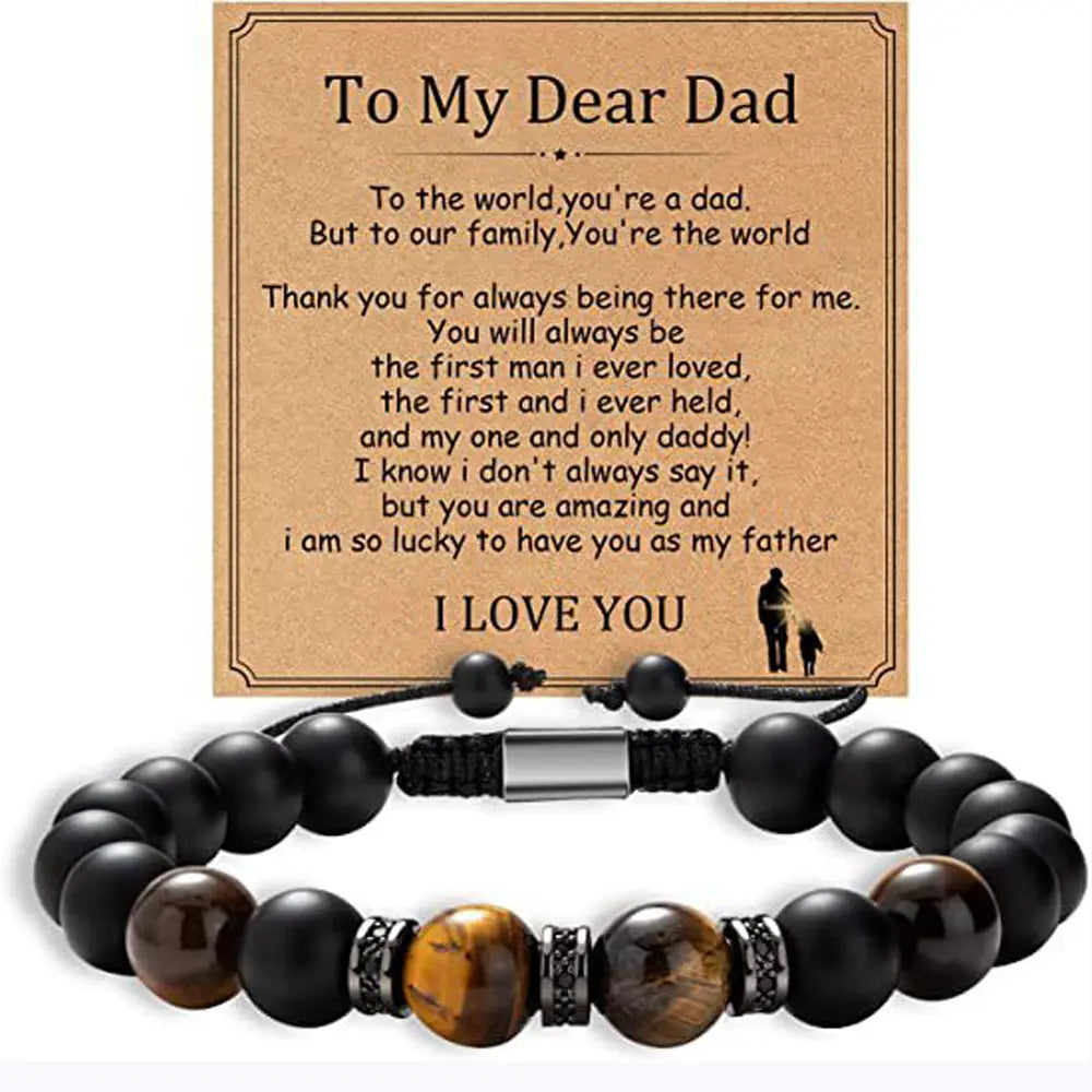 Pulsera de cuentas de ojo de tigre para padre con cuentas negras, cuentas de acento de ojo de tigre y un broche de metal con acabado plateado.