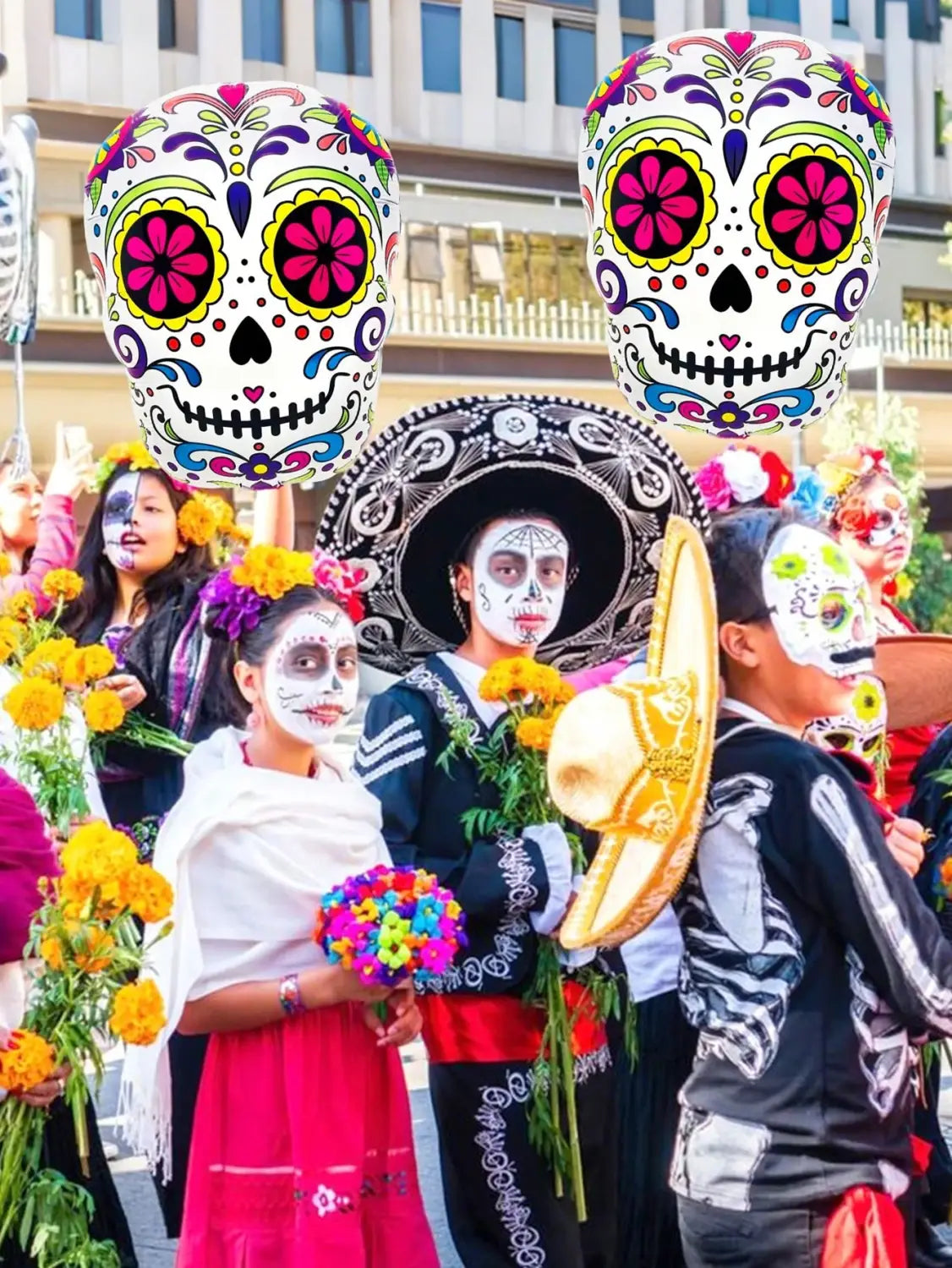 colorful flower skull foil balloons 3 pack featuring vibrant hand-painted sugar skulls with intricate floral patterns and bold pink yellow and blue accents floating above a day of the dead parade