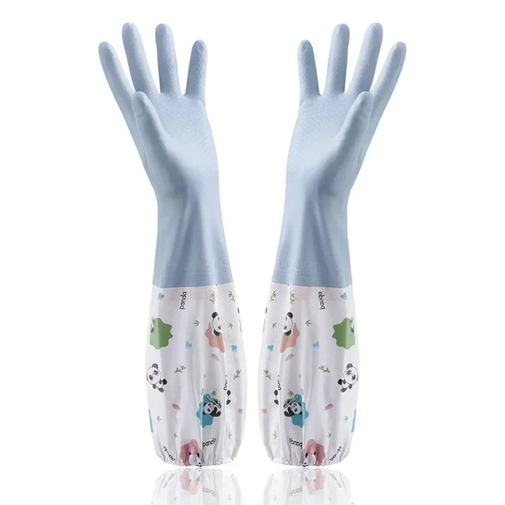 Light blue waterproof cleaning gloves made of rubber with white panda-themed patterned cuffs.