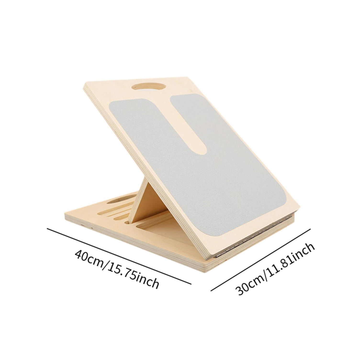 Light-colored wooden slant board calf stretcher with minimalist design and gray adhesive pads on the surface.