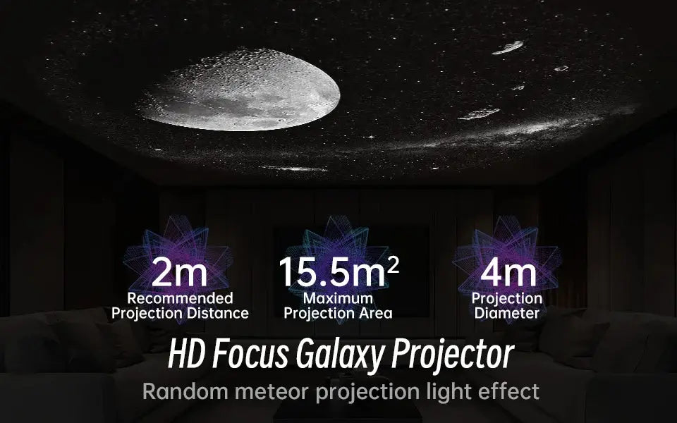 Galaxy-Projektor „Pro“ in Schwarz mit detaillierter Mondoberfläche-Optik und Effekt eines sternklaren Nachthimmels, der Umgebungsmuster für weißes Rauschen projiziert.