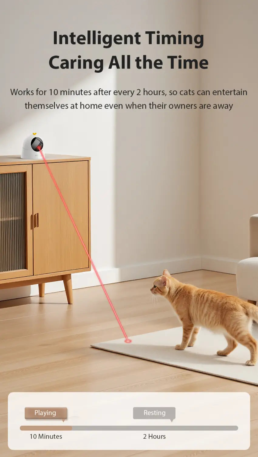 white and black cat toy laser pointer with red beam projecting onto a mat shown from a front angle as an interactive laser cat toy