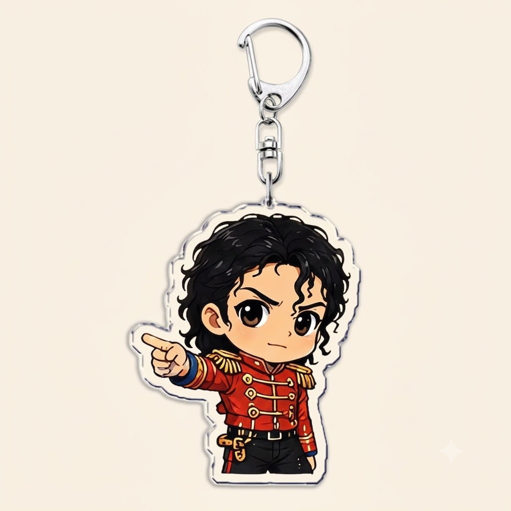 chibi-style michael jackson acrylic keychain featuring the singer in a red military jacket with gold trim and black pants attached to a silver carabiner clip.