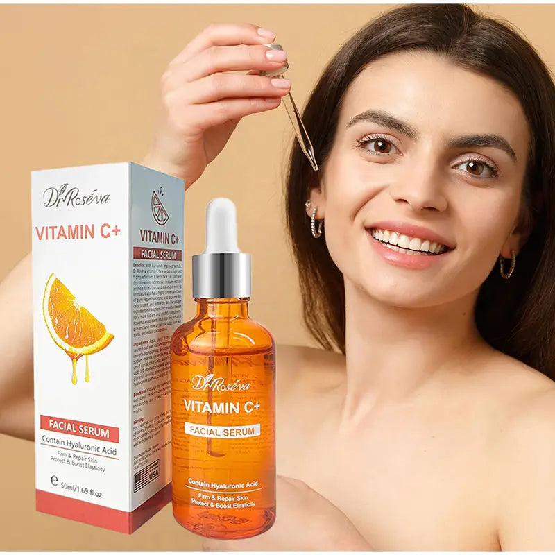 Orange glass bottle of Dr containing vitamin C brightening serum from the Vitamin C Brightening Skincare Set displayed from the front.