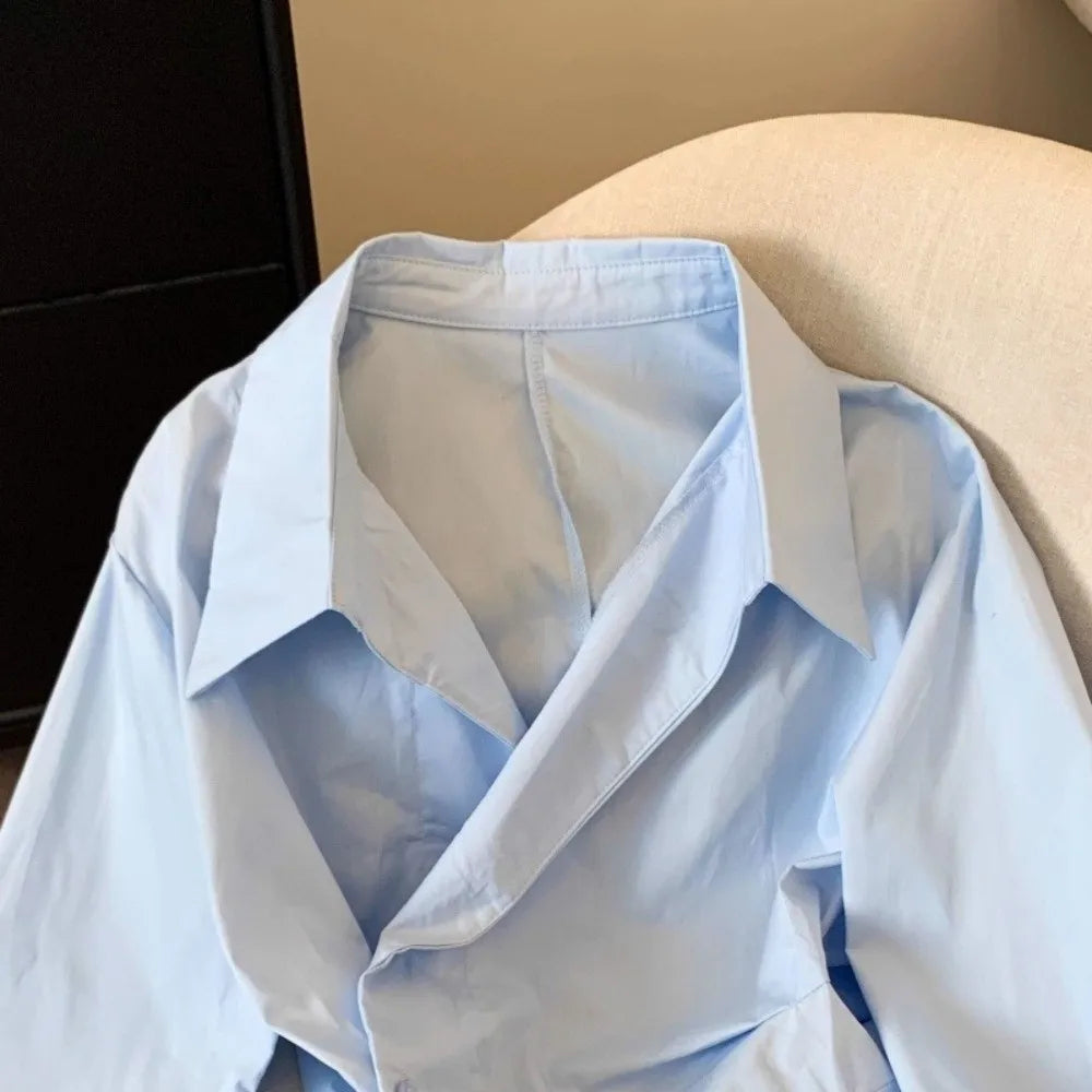 Formal Wear Irregular Long Sleeve Shirt Slim Fit Waist-cinching Women Blouse Elegant V Collar Shirt Top Office
