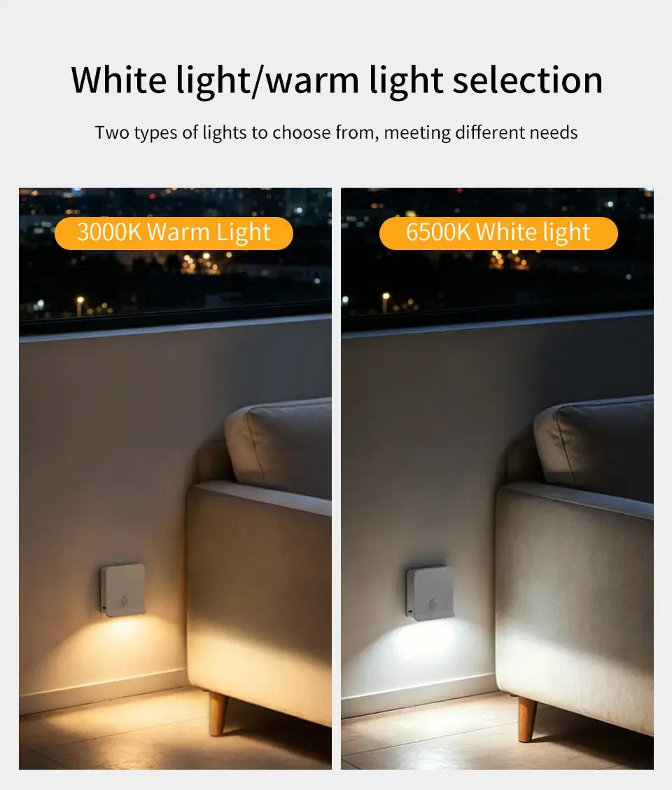 A sleek square-shaped wall-mounted rechargeable led cabinet lamp with a smooth white surface featuring a motion sensor night light design.
