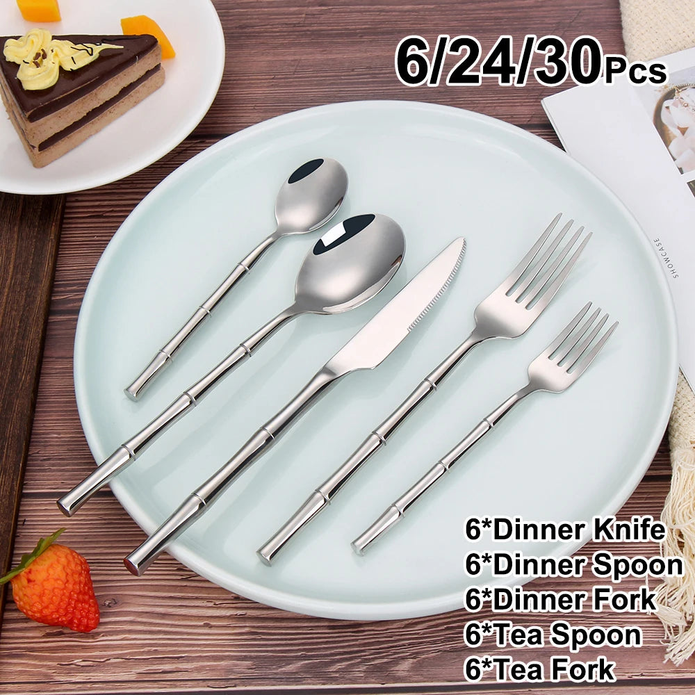 6/24/30Pcs Stainless Steel 304 Cutlery Set Sliver Tableware Western Bamboo Shaped Handle Dinner Set Knife Fork Spoon Sliverware