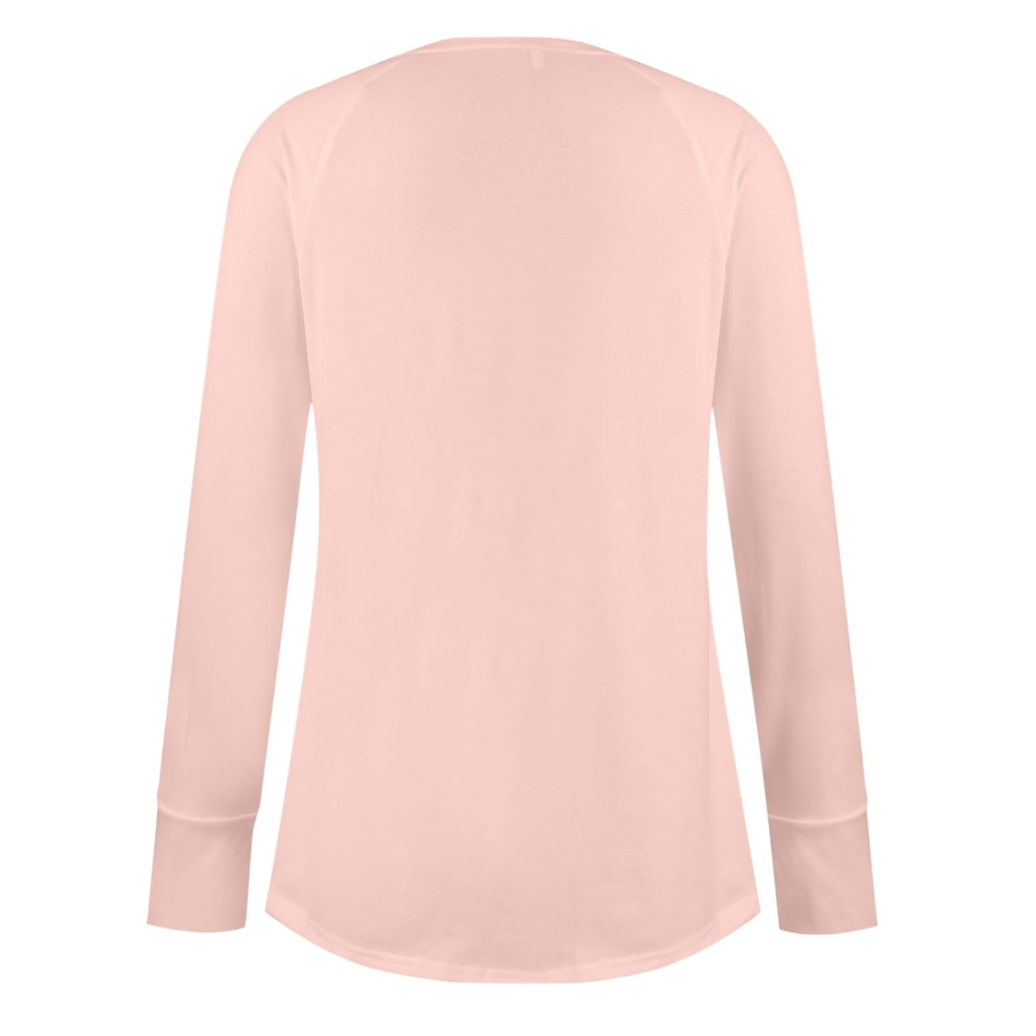 A soft blush pink women long sleeve cotton tunic top with a simple round neck and ribbed cuffs.