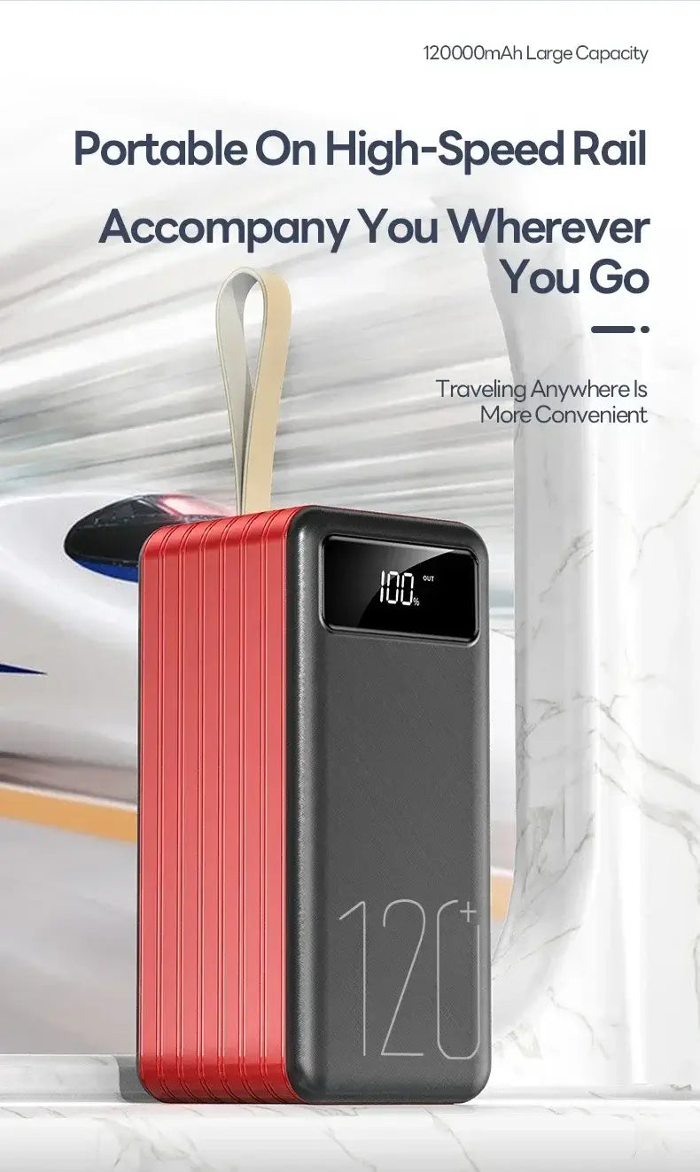 red and black portable power bank with vertical ridged texture on the red side featuring a digital display showing 100 percent charge designed for 120000mah 66w fast charging and efficient portable power bank use