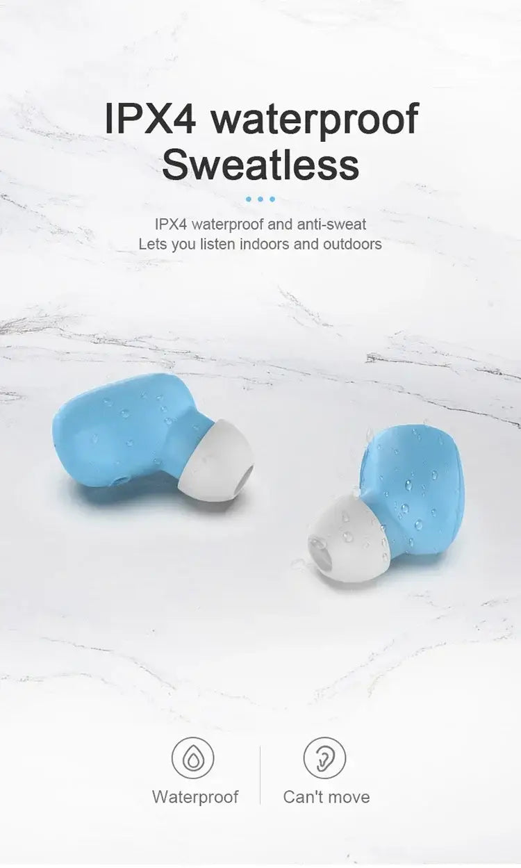 Blaue und weiße kabellose Bluetooth-Ohrhörer mit einem eleganten, ergonomischen Design und Touch-Steuerung zur Verwendung als Sport-Headset.