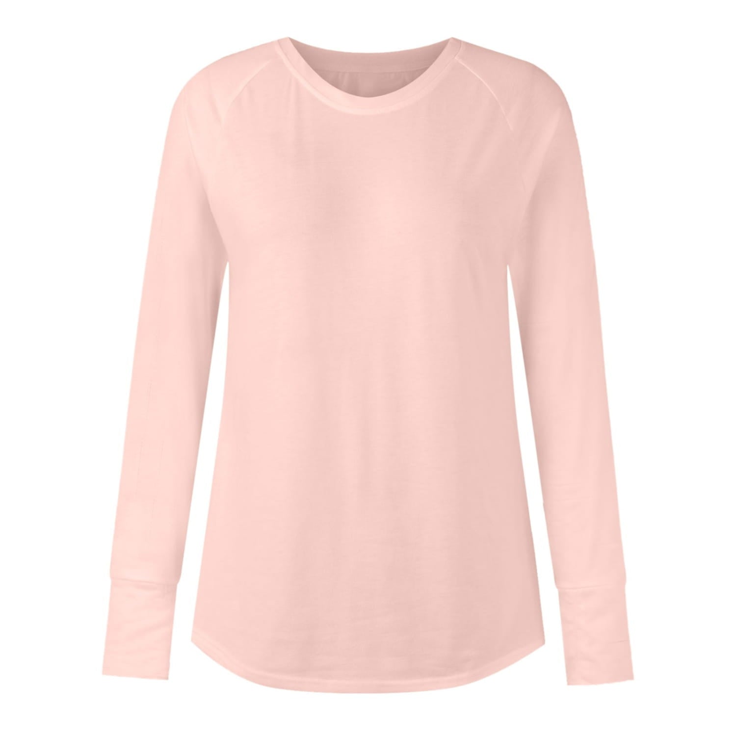 A soft blush pink women long sleeve cotton tunic top with a round neckline and subtle raglan sleeve pattern type.