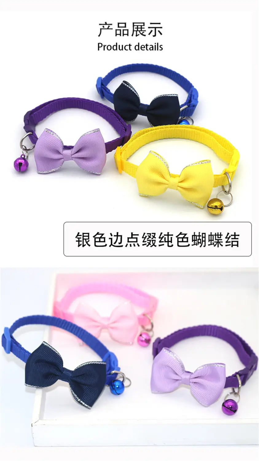 Colorful cat collar bowtie set with adjustable small bells suitable for stylish and comfortable pet wear.