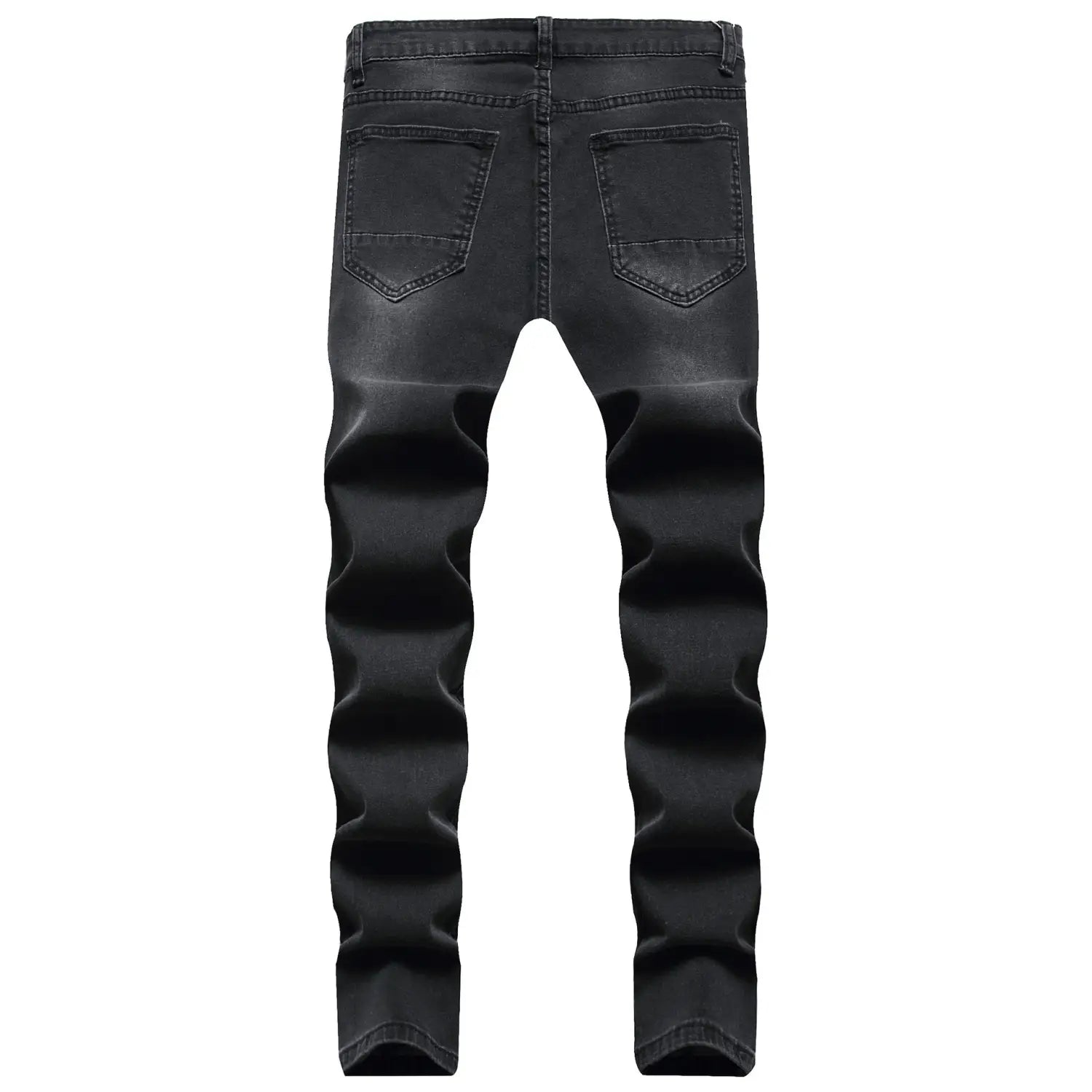 Männer rissen schmale Jeans, die die Rückseite von schwarzem Slim-Fit-Denim zeigen, mit leicht ausgewaschenem Effekt und klassischen Gesäßtaschen