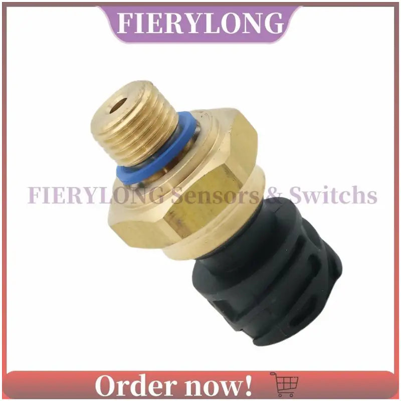 Capteur de pression d’huile pour Daf Cf Xf 2126981 montrant une sonde de température du liquide de refroidissement du moteur en laiton de couleur dorée, avec un joint torique bleu et une protection en caoutchouc noir.