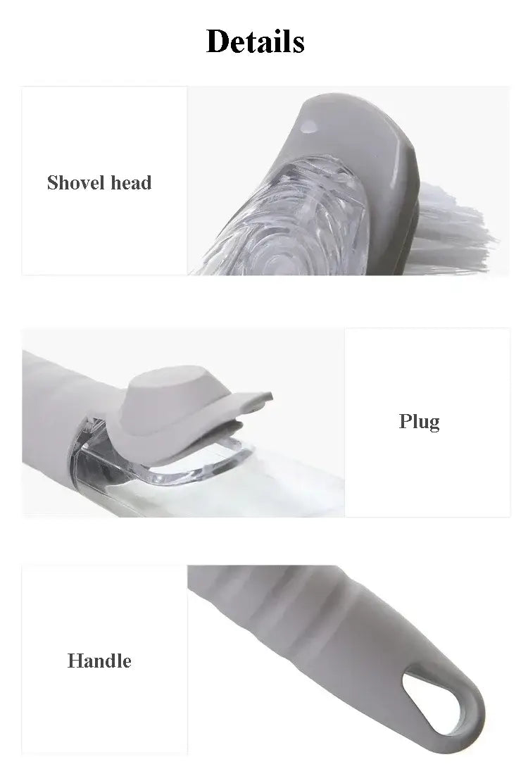 Brosse à vaisselle pour distribution de savon en plastique grise avec long manche ergonomique, tête en forme de pelle, brins transparents et boucle de suspension.