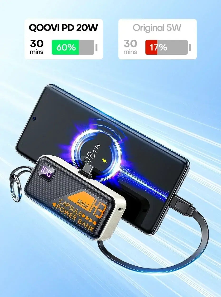 Black and white qoovv h3 capsule portable power bank with orange branding, digital display, keychain loop, and 5000mah fast charger capacity.