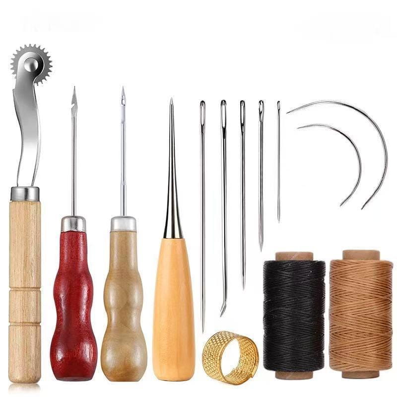 Leather sewing tools kit for diy craft and repair featuring wooden-handled tools metal needles curved awls and spools of black and tan thread.