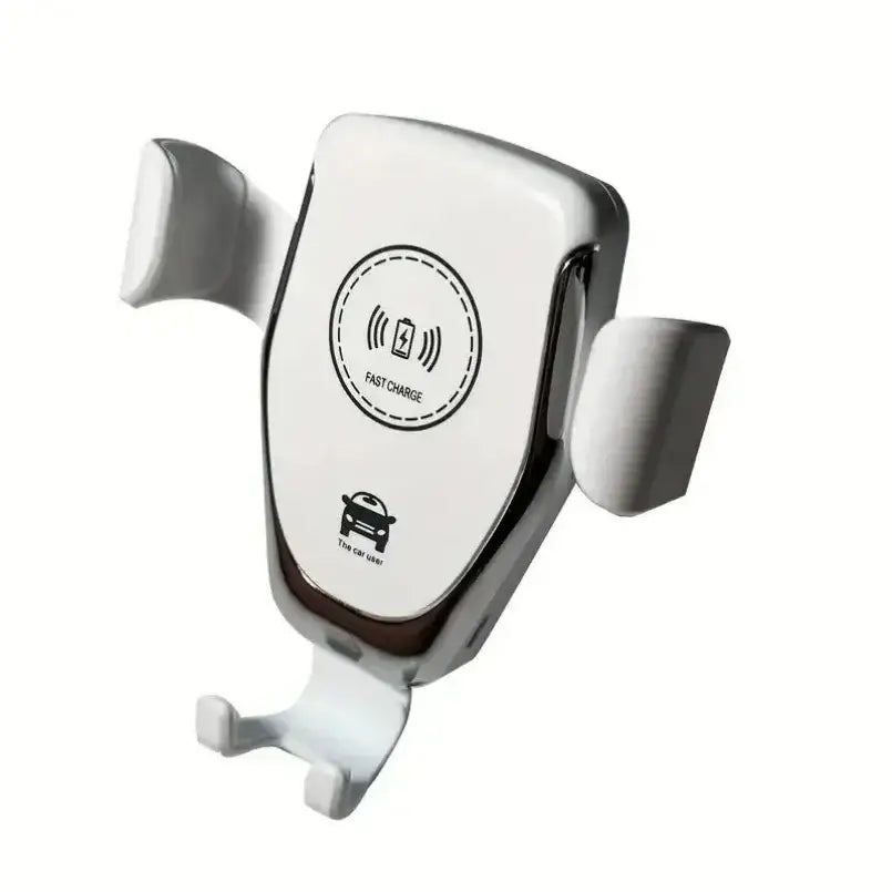 Weißes und silbernes kabelloses Ladegerät für den Luftauslass mit Schwerkraft-Kfz-Halterung mit elegantem modernem Design und verstellbaren Armen für eine sichere Positionierung des Telefons; unterstützt das kabellose Laden