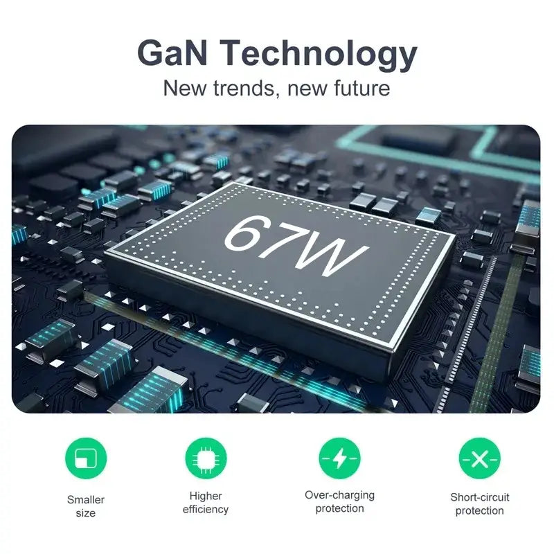 67Wと白字で印字されたブラック長方形のGANパワーチップを、Xiaomi 67W急速充電Type-Cケーブルの回路基板に搭載。