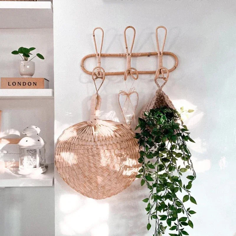Kids Room Clothing Storage Rack Rattan Wall Hooks Clothes Hat Hanging Hook Garments Organizer Decor Rattan Hanger For Children
