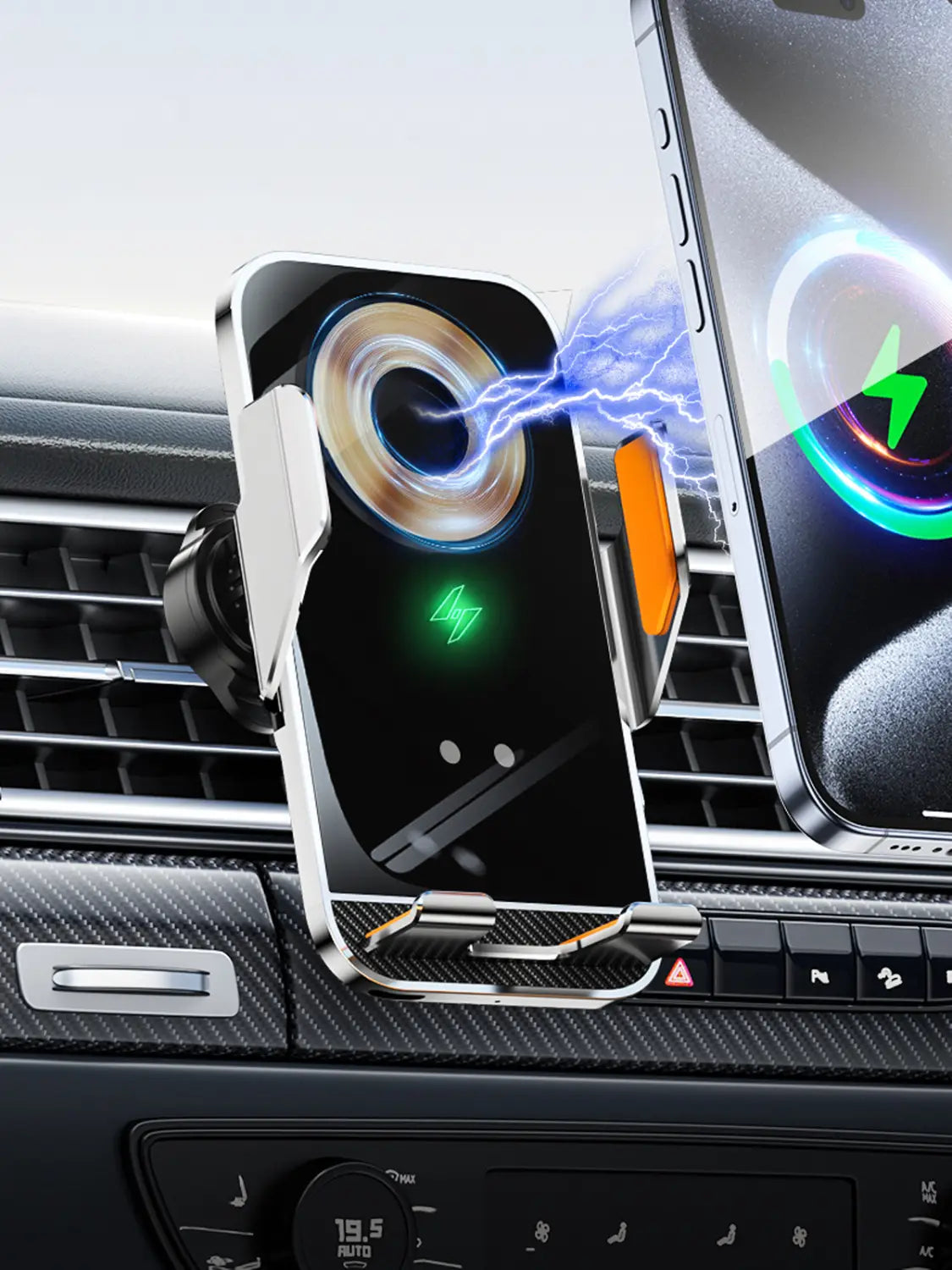 Wireless charging phone holder with auto clamping in sleek silver and black design featuring an orange accent on the side for use as a wireless charger in cars.