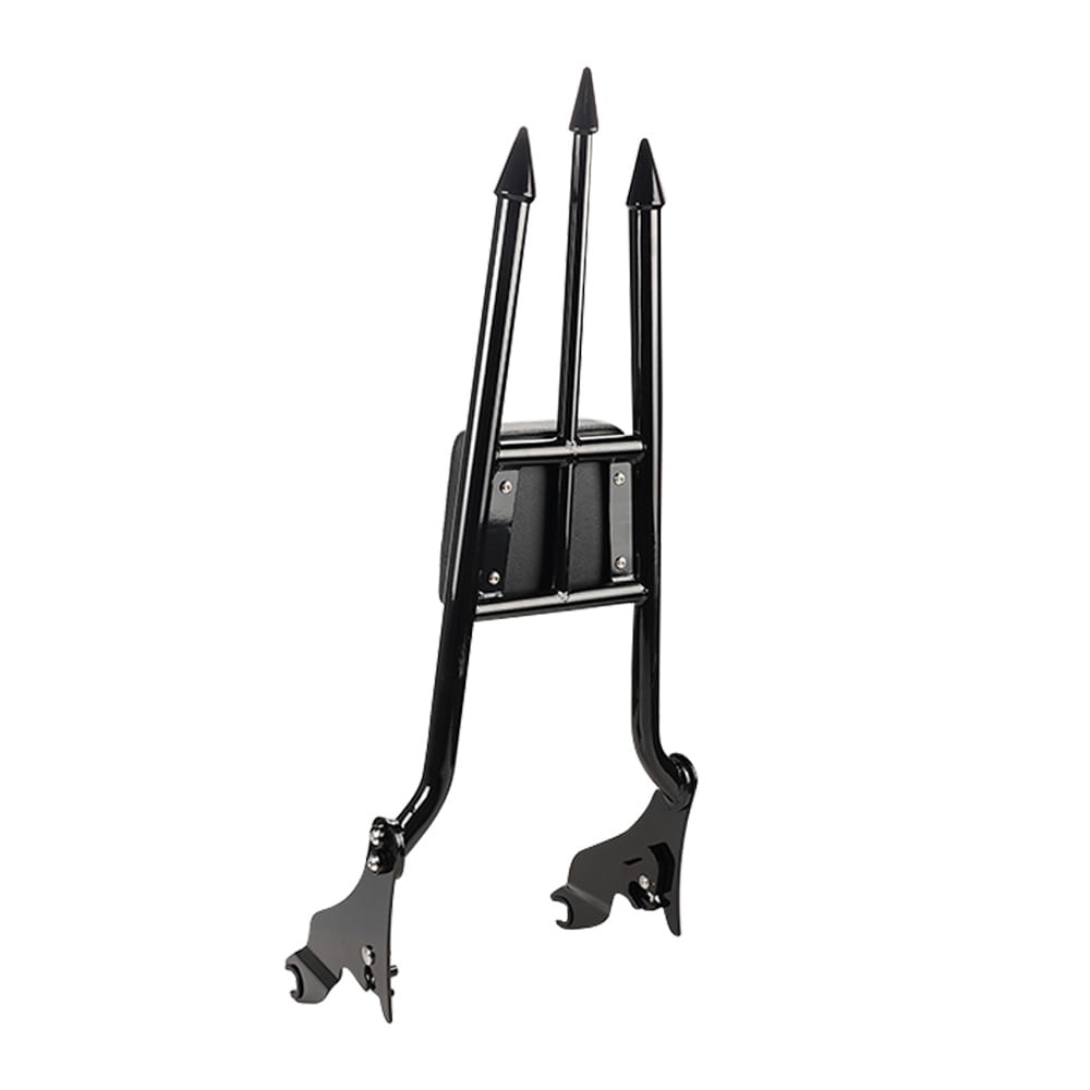 Black metal motorcycle rear rack with three spear-like uprights and central mounting plate shown from the back side for detachable passenger backrest on Harley touring 2009-2025 models.