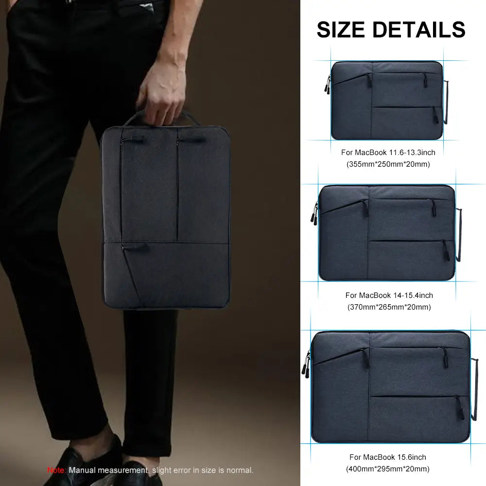 black waterproof laptop sleeve briefcase with structured design and multiple zippered compartments for 13 to 16 inch notebooks