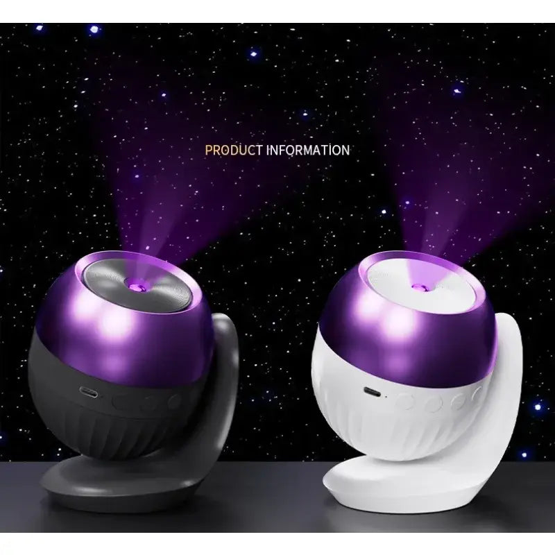 Purple and white spherical led projector light with a metallic finish and a circular top opening emitting purple light beams for kids gift patterns and timer functions.