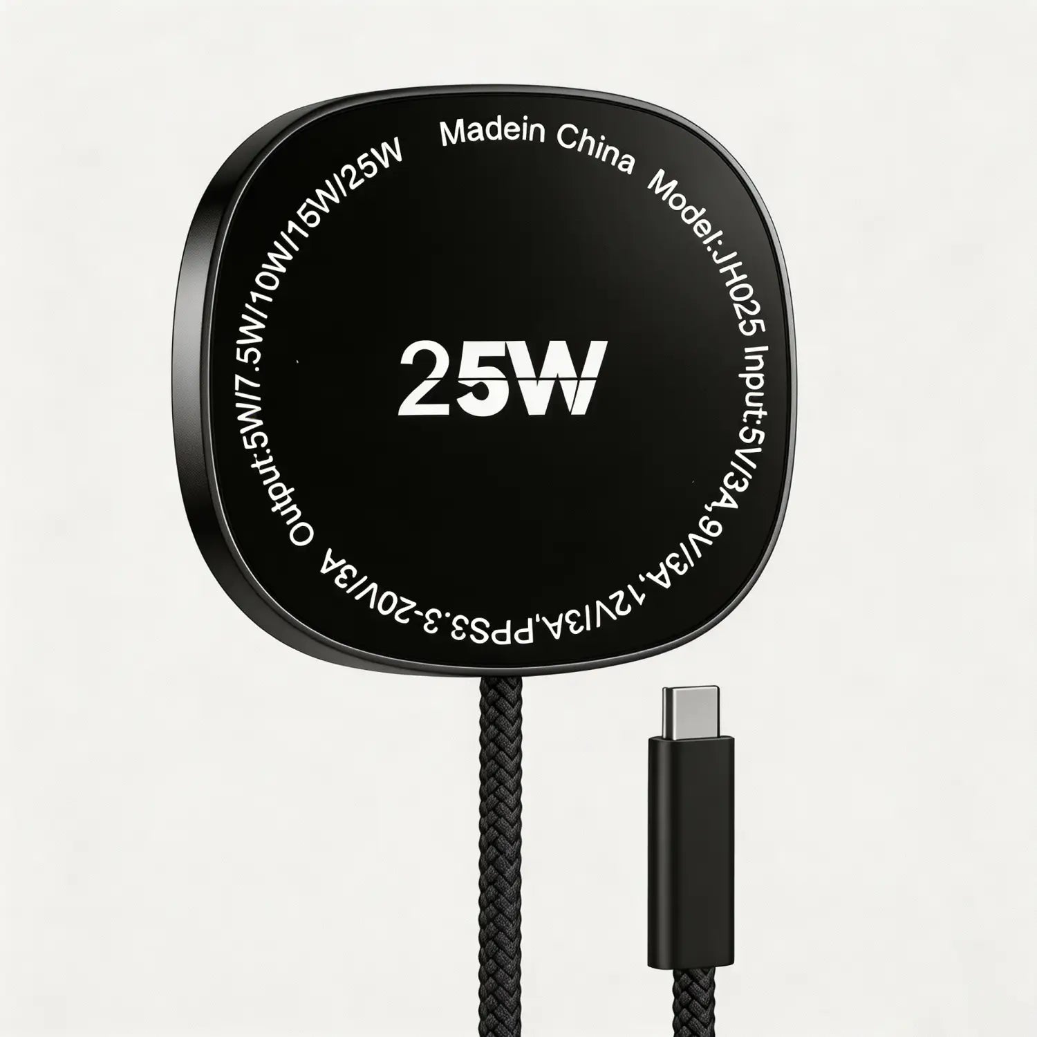 La almohadilla de carga inalámbrica magnética Timess de 25 W es un cargador circular negro con un cable trenzado y conector USB-C, diseñado para una carga inalámbrica eficiente.
