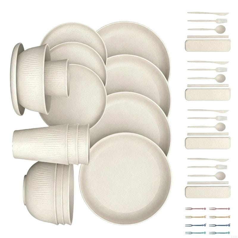 Beige ribbed plastic bamboo dinnerware set with matching utensils suitable for camping and home use.