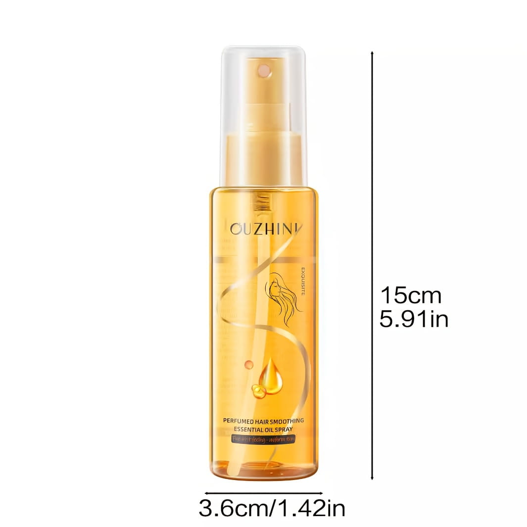 spray dorado transparente con boquilla de color dorado y bomba etiquetada ouzhin, que contiene spray esencial de aceite para el cuidado del cabello con fragancia de 100 ml para alisado y cuidado perfumado del cabello, uso de aceite esencial.