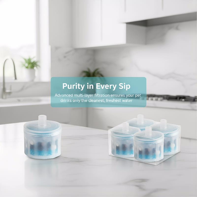 clear plastic cat water fountain filters replacement 5 pack with blue internal filtration elements for purified drinking water.