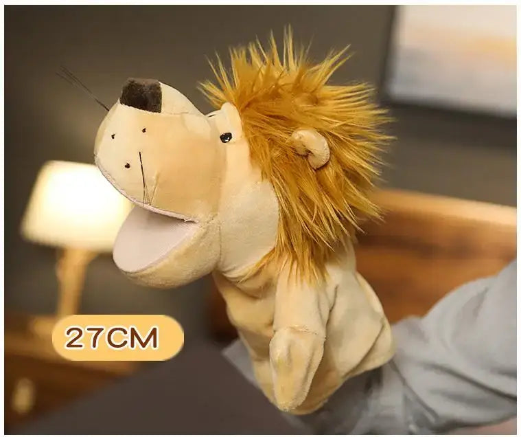 a plush lion hand finger puppet with a tan body and golden spiky mane featuring black nose and eyes as part of educational baby toys lion elephant bunny collection