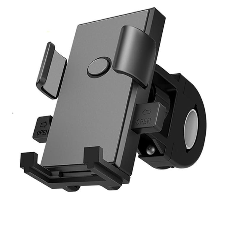 black plastic bike phone mount with adjustable clamps and a circular base for 360 degree rotation and secure phone holding