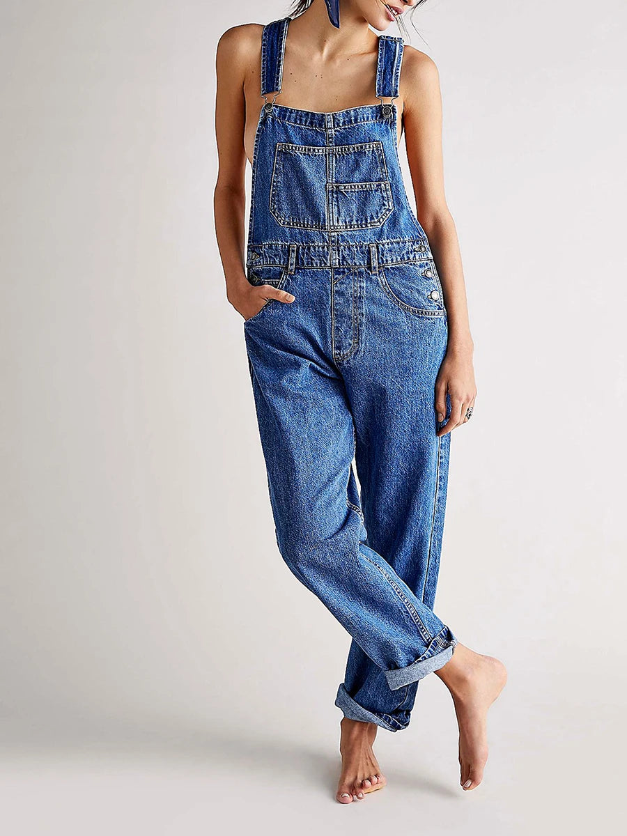 Women Denim Bib Overall Casual Adjustable Strap Denim Jumpsuit Loose Fit Straight Leg Overall Jean Pants Streetwear