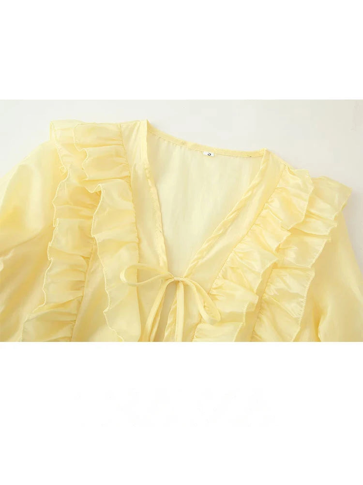 HH Woman's New Fashion Chic Blouses Yellow V-Neck Long Sleeves Bow Lace-Up Decoration Female Summer Casual Slim Shirts