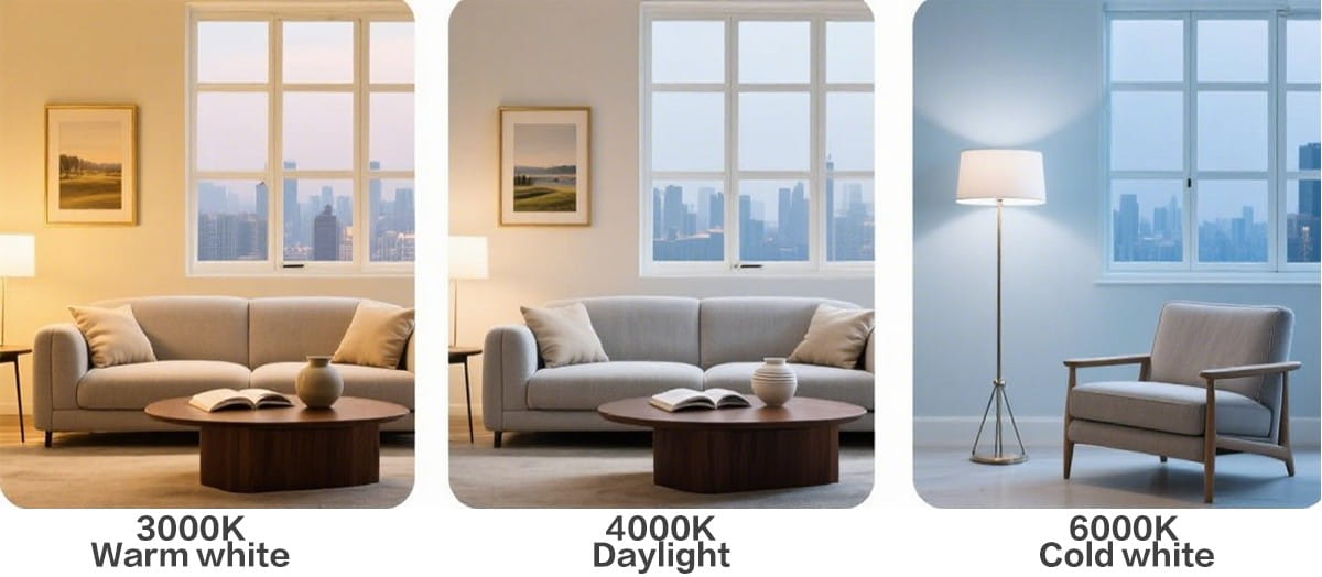 the led bulb rgbw dimmable color changing spotlight displays three lighting scenarios with color temperatures of 3000k warm white 4000k daylight and 6000k cold white.